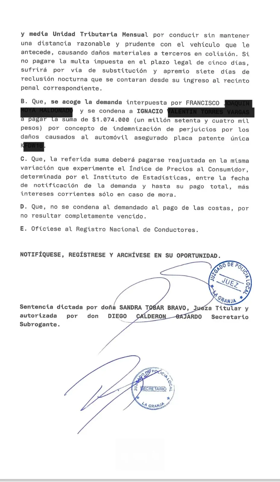Sentencia: monto por daño emergente ($1.074.000) acreditado (Caso 2) – Reyes & Cía.