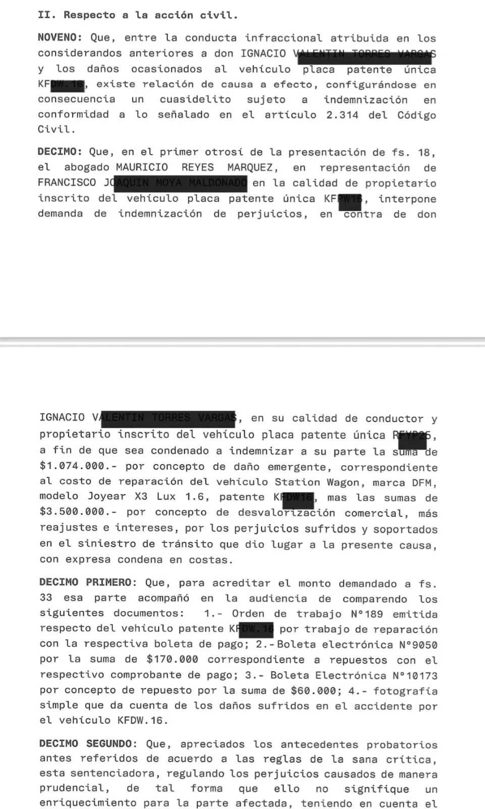 Sentencia: daño emergente reconocido en juicio civil por accidente de tránsito (Caso 2) – Reyes & Cía.